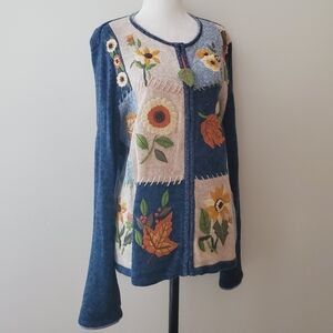 Tiara International Vintage Embroidered Patchwork Autumnal Zip Knit Swea…